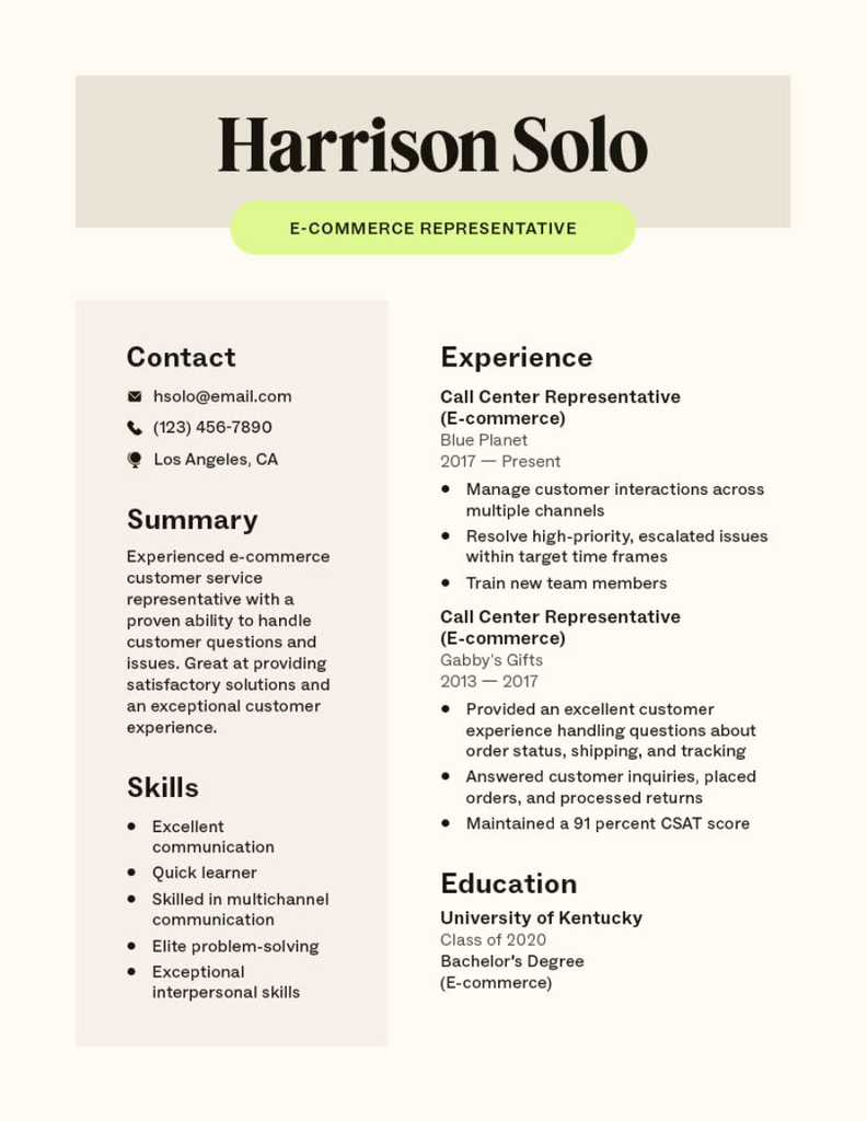 E-commerce call center representative resume template