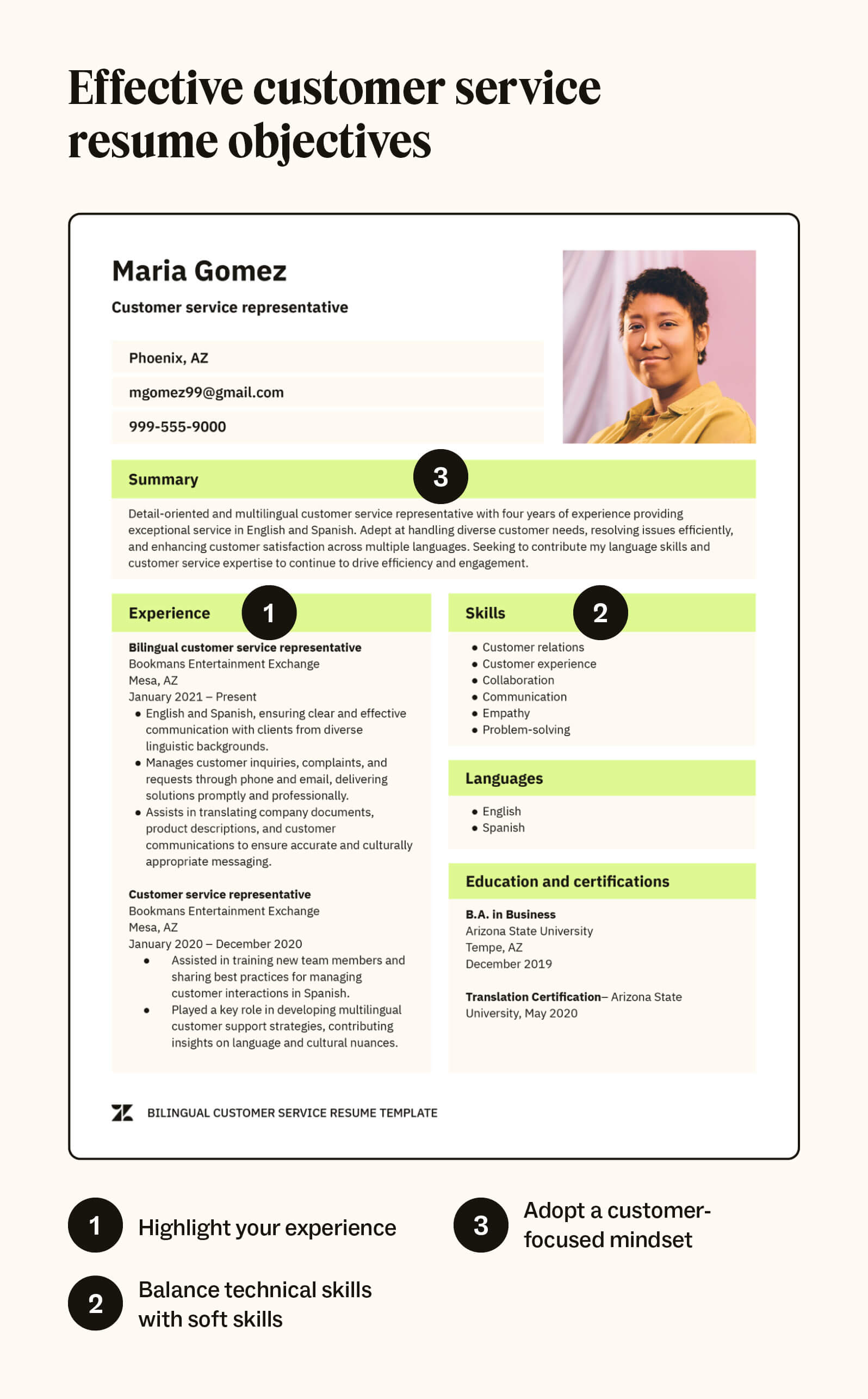 An example resume showing effective customer service objectives.