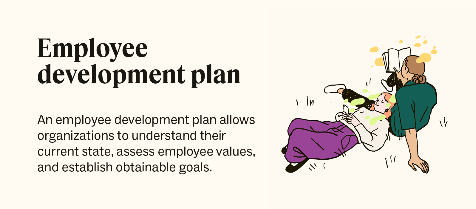 A definition of an employee development plan is accompanied by an illustration of two people relaxing in a field.