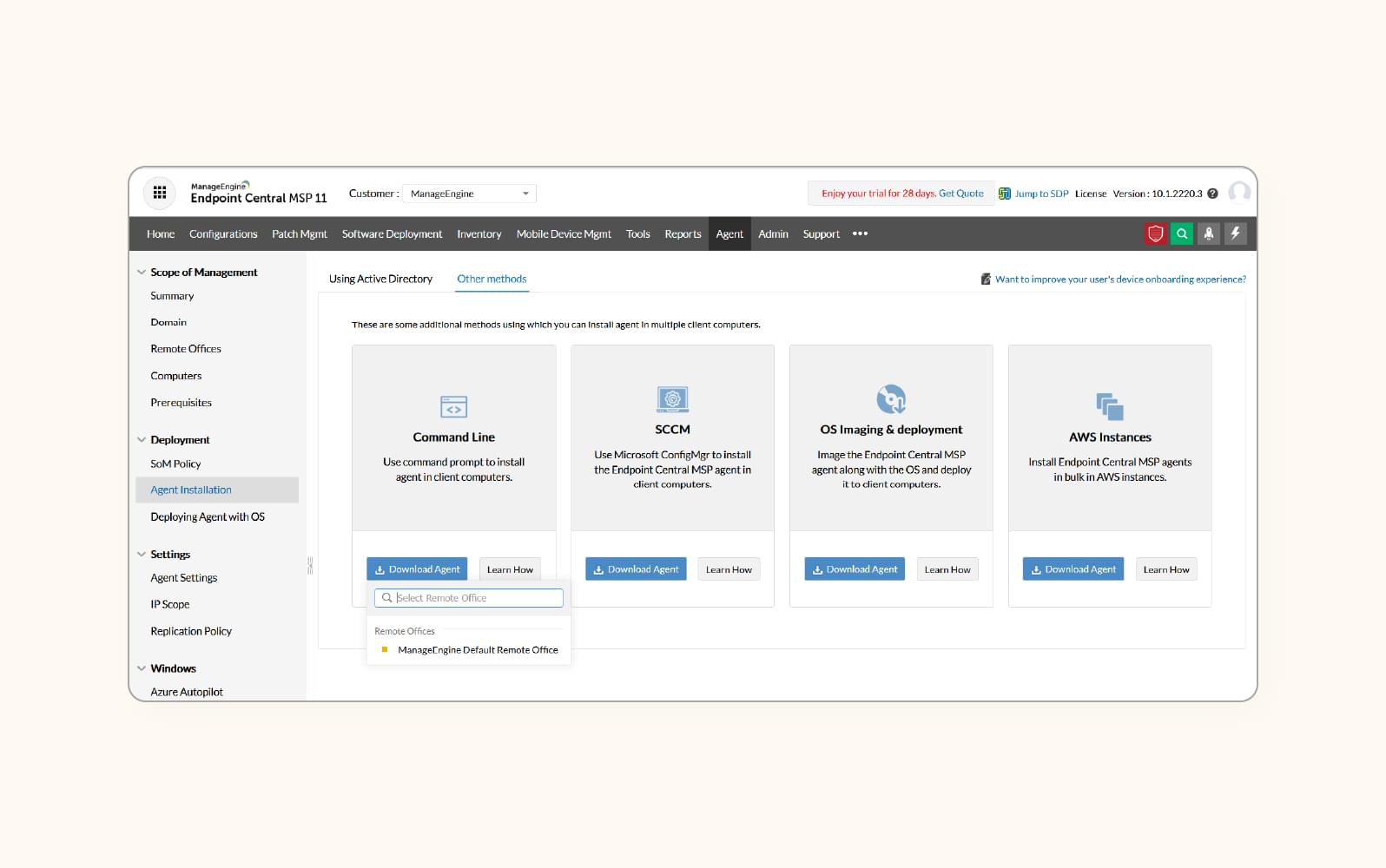 A screenshot showcases a list of installation options on Endpoint Central MSP, a remote support software.
