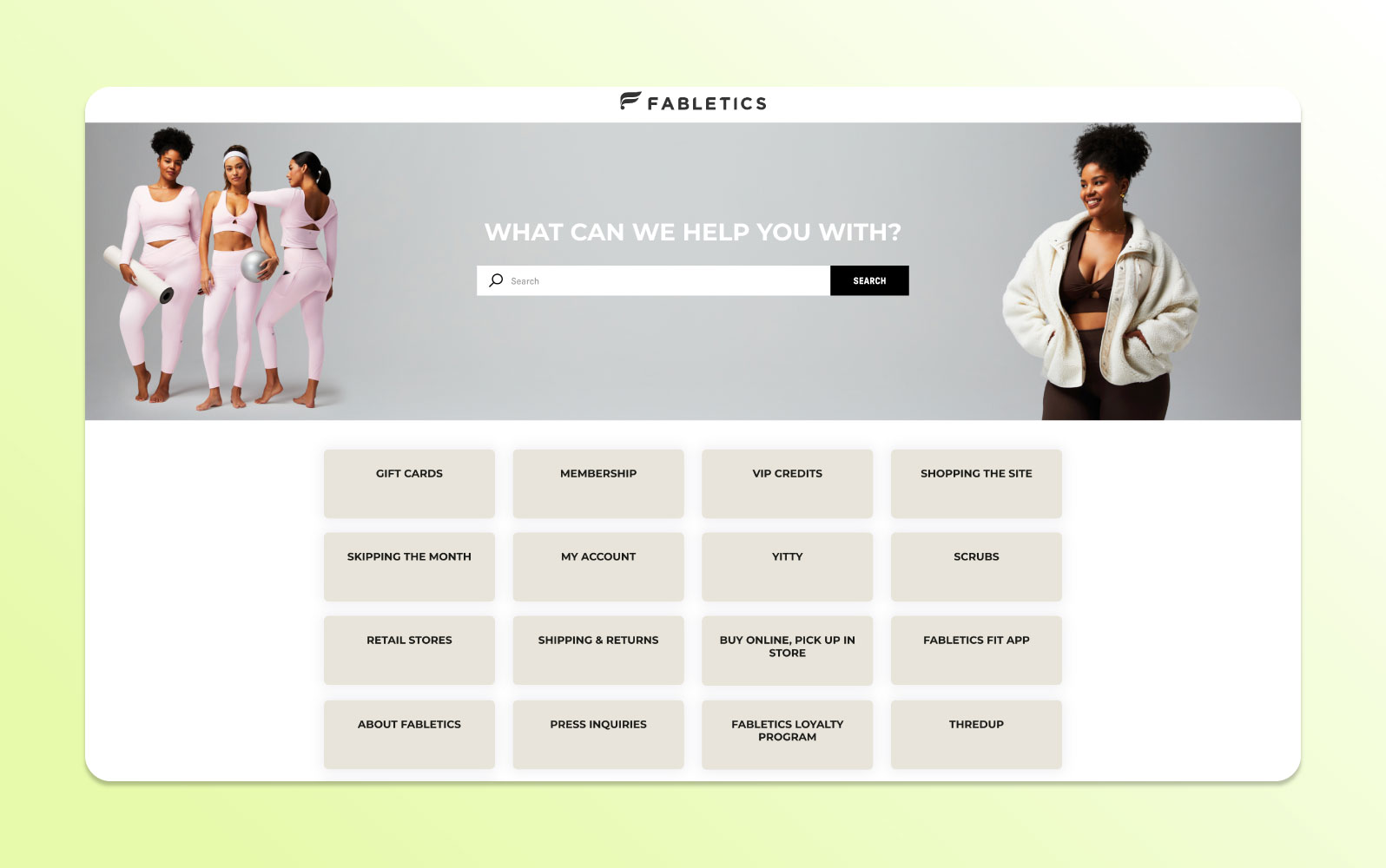 The Fabletics page devoted to frequently asked questions.