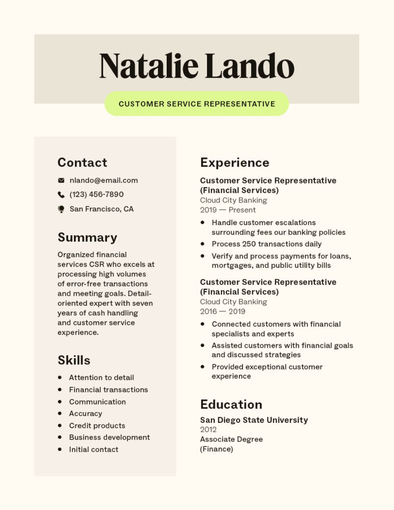 Financial services call center representative resume template