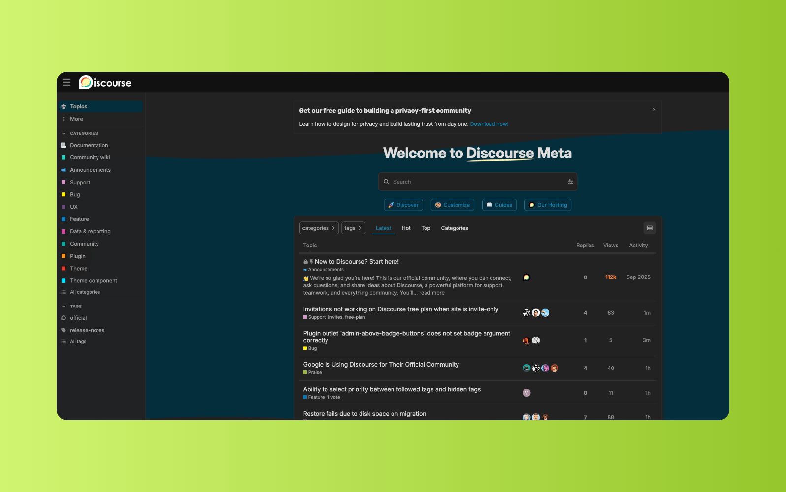 Screenshot of Discourse’s forum software.
