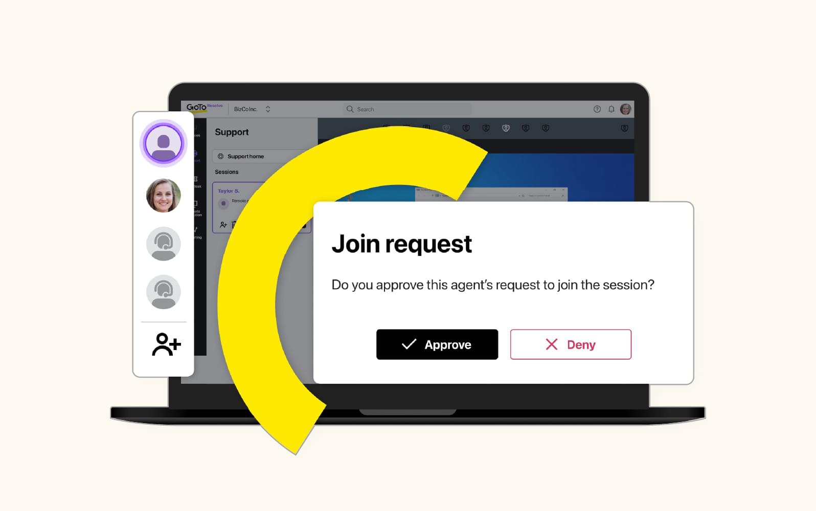 A pop-up window shows an agent requesting to join a session using GoTo Resolve, a remote support software.