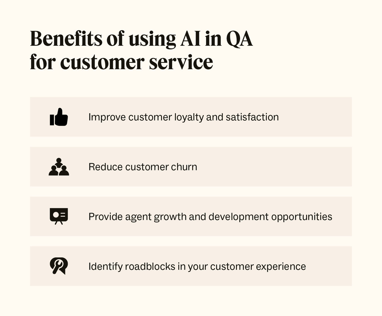 The benefits of using AI in QA for customer service are laid out in a list.