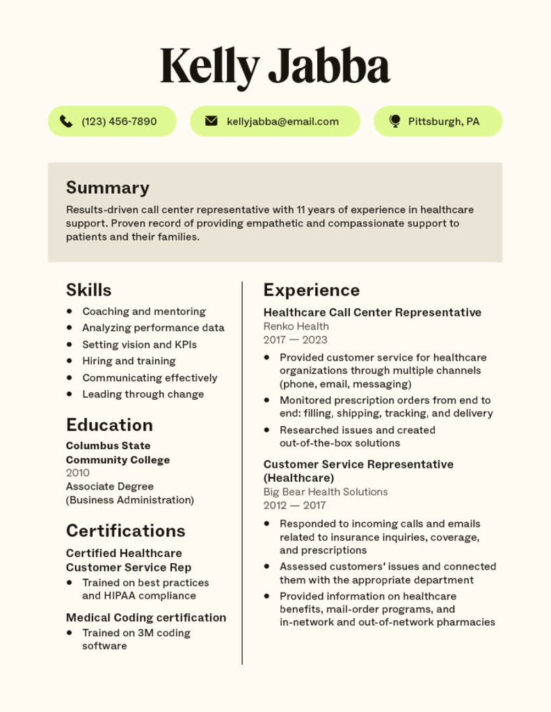 Healthcare call center agent resume template