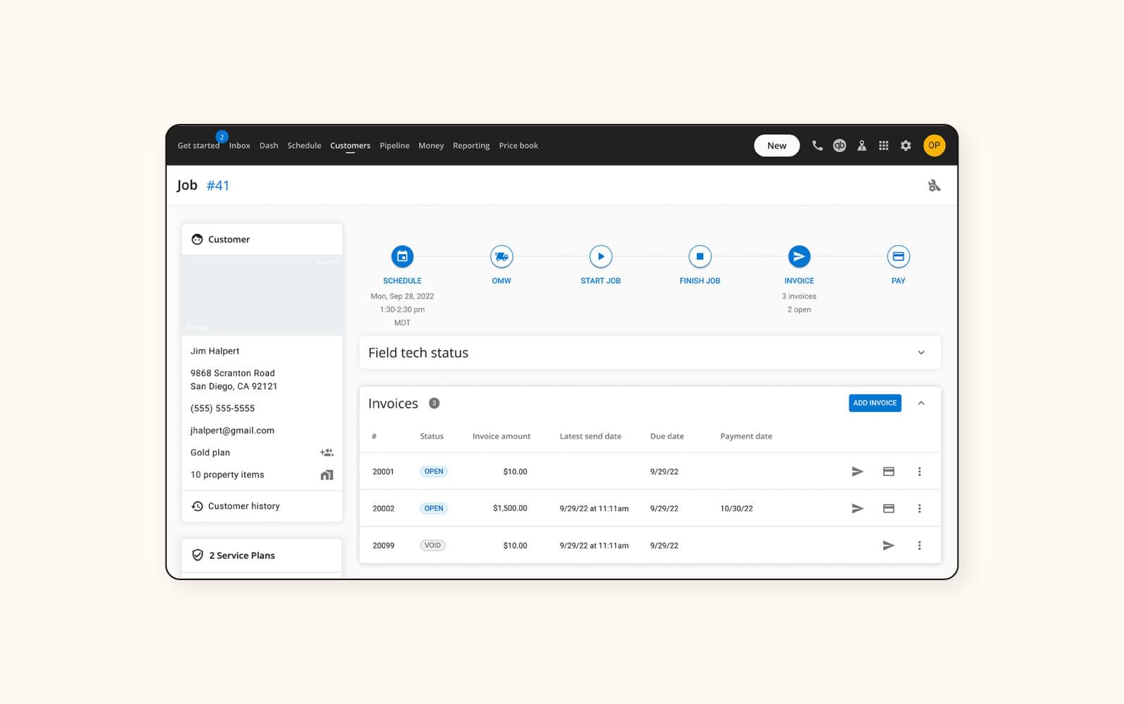 The Housecall Pro dashboard has technician and invoice statuses.