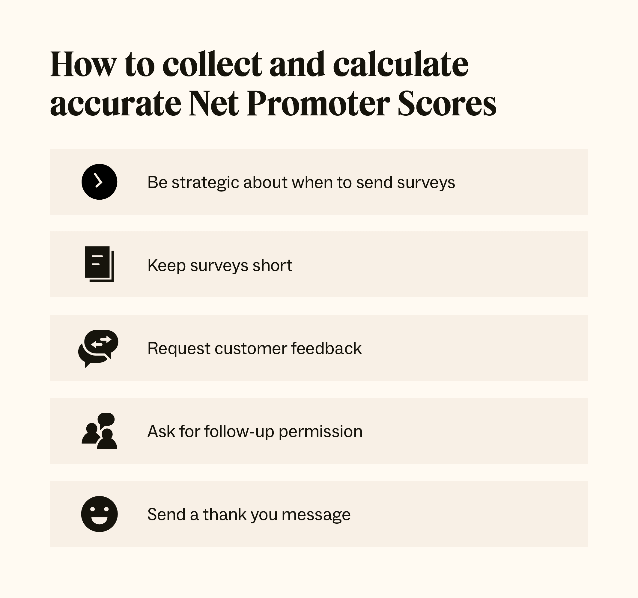 The five NPS best practices, including keeping surveys brief and asking for additional feedback.