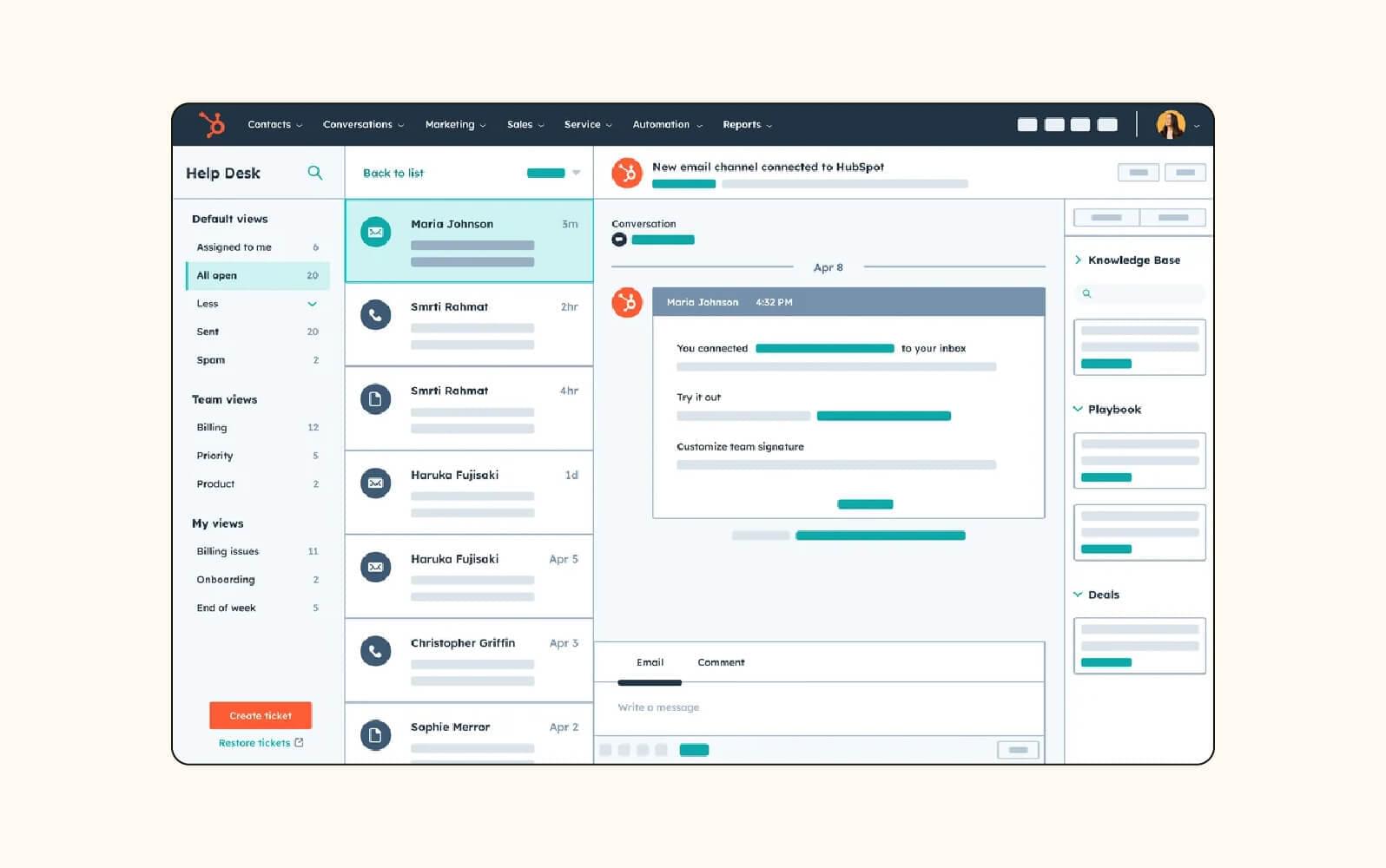 A product image of HubSpot Service Hub help desk ticketing system software.