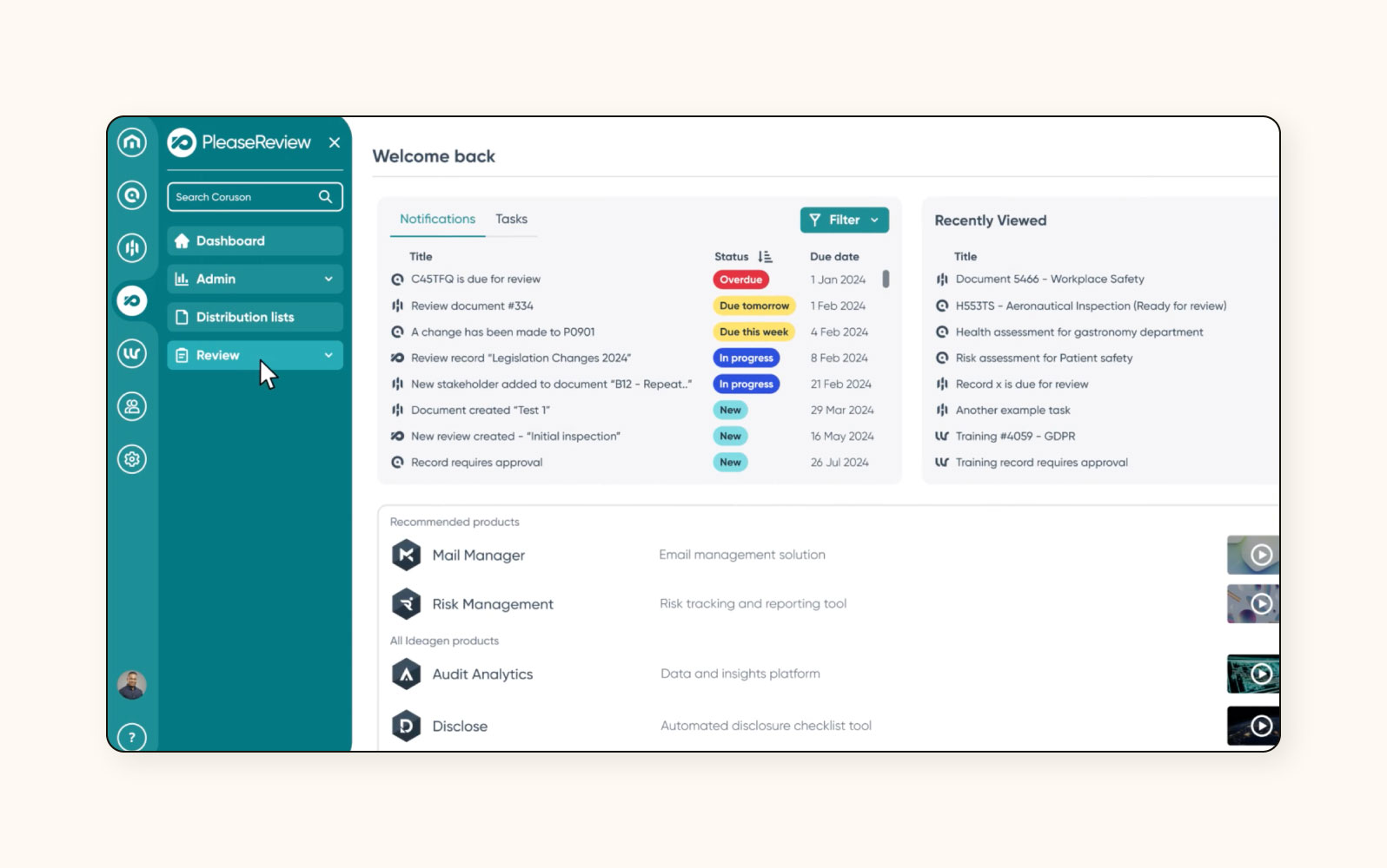 Un dashboard de producto en Ideagen Huddle, un software de portal de clientes.
