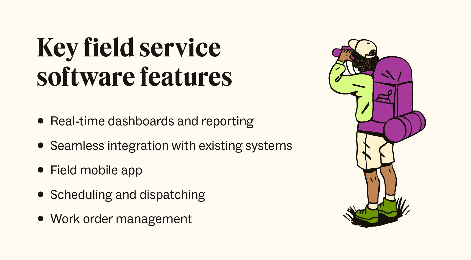 A person in hiking gear looks through binoculars, and the text lists the five key features of field service software.