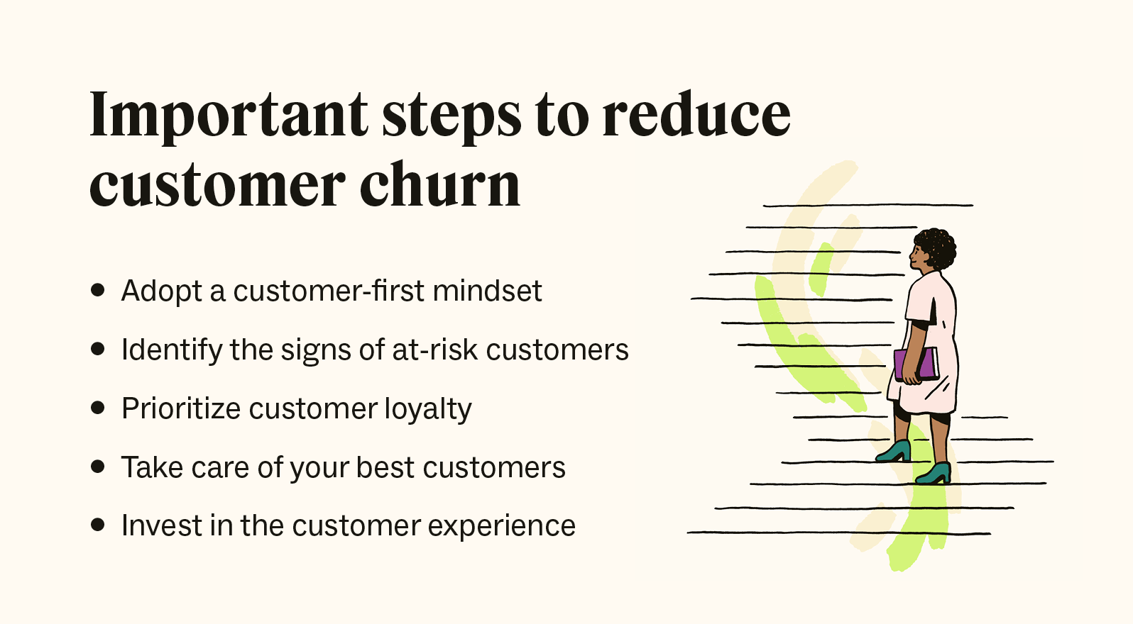 A bulleted list highlights the ways a business can reduce customer churn rate.
