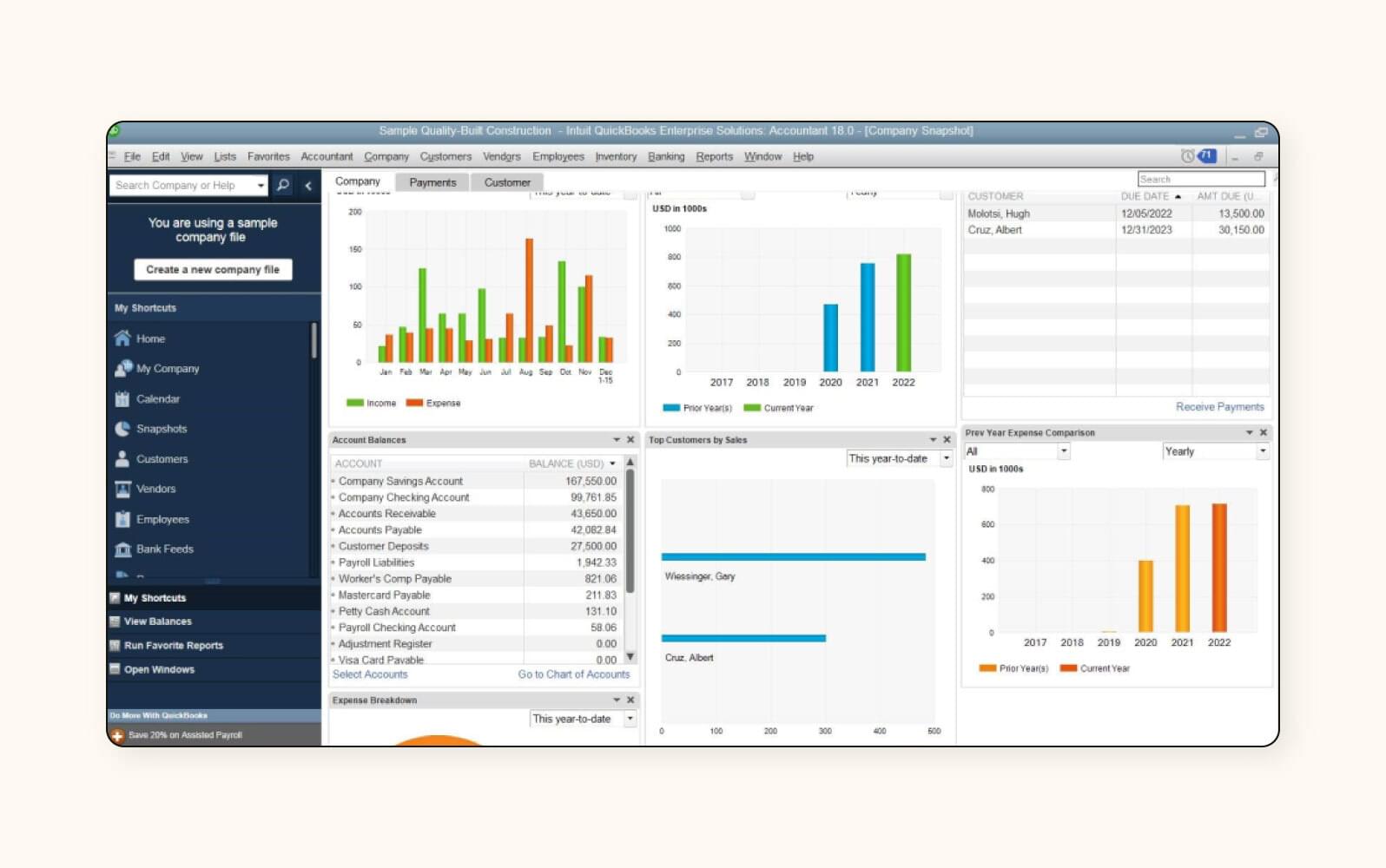Intuit Field Service Management software shows customer and company financial data in one view.