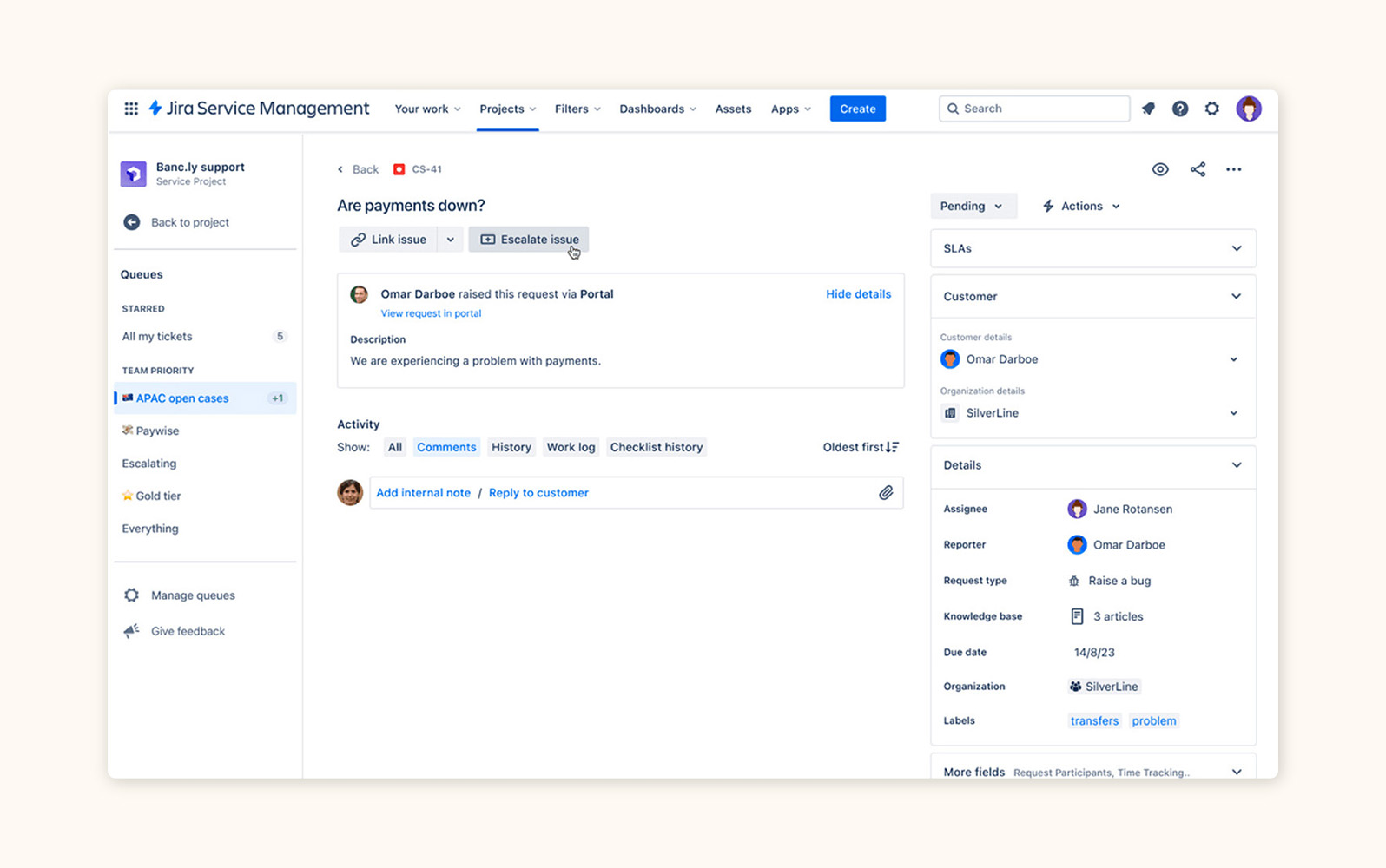 A product image of customer complaint software from Jira Service Management.