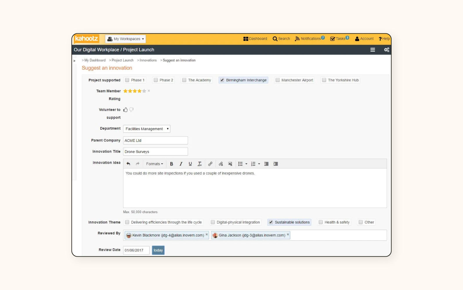 La pestaña de lanzamiento de proyecto en Kahootz, un software de portal de clientes.