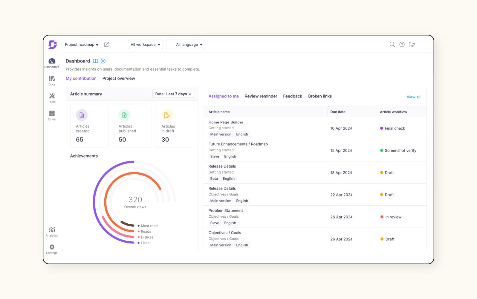 A view of Document360’s knowledge management system.