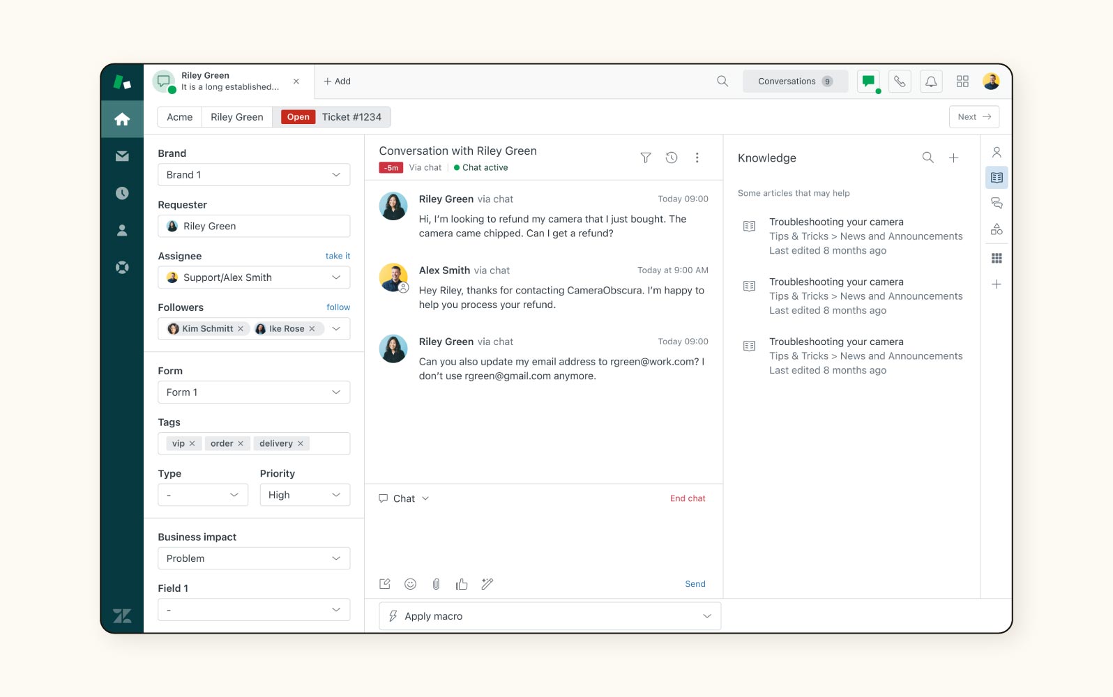 A view of the knowledge management system from Zendesk.