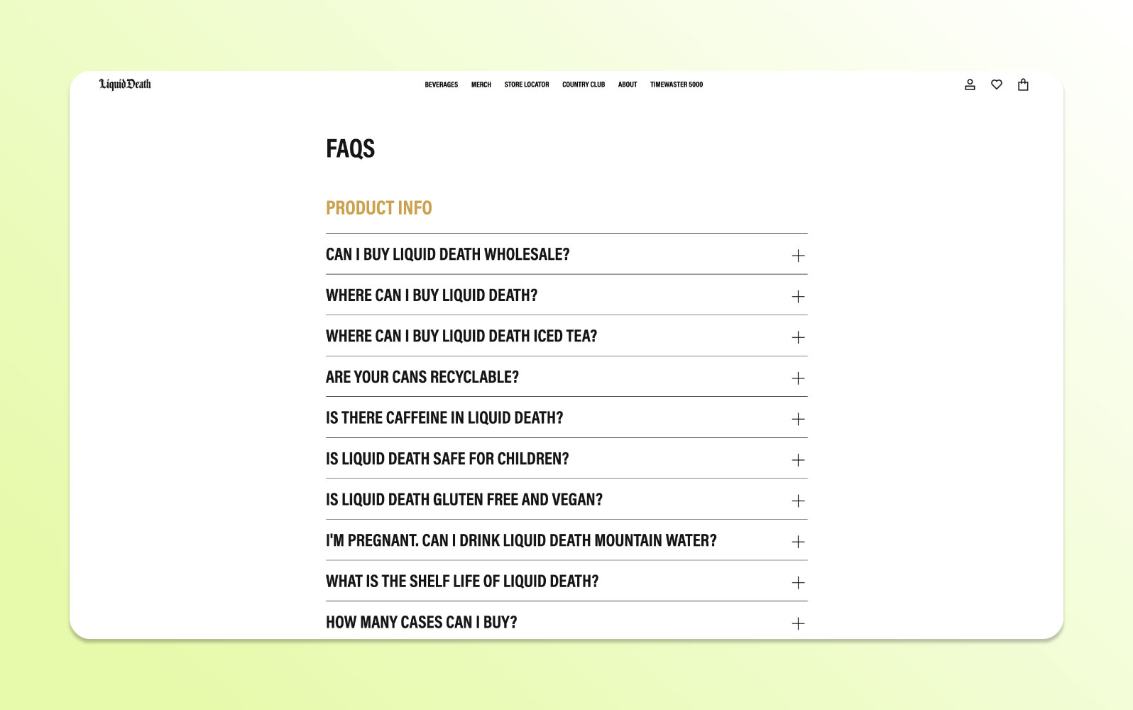 The Liquid Death page devoted to frequently asked questions.
