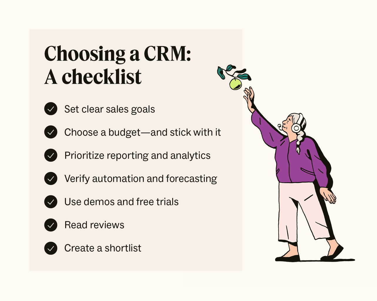 A checklist describing the important steps for choosing a CRM.