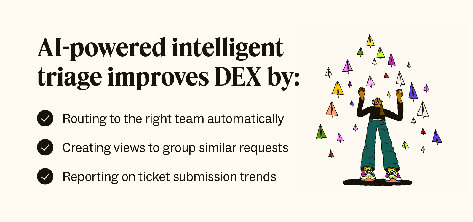 A list outlines three ways AI-powered intelligent triage helps direct tickets to the right team members.