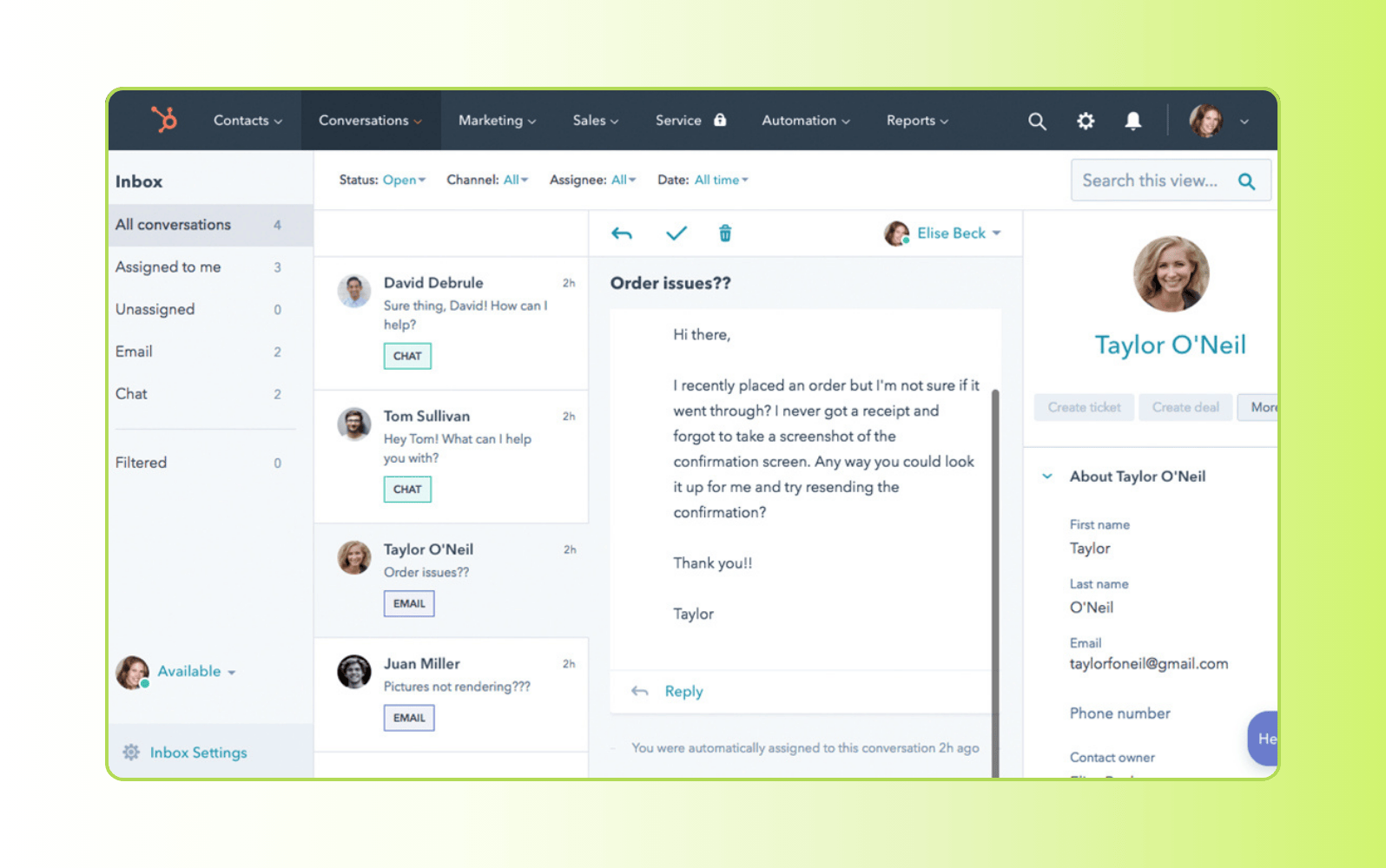 Hubspot live chat software dashboard showcasing customer support features.