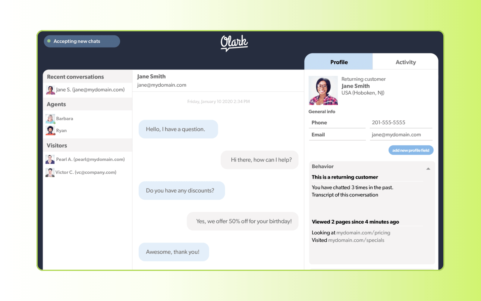 Olark live chat software dashboard showcasing customer support features.