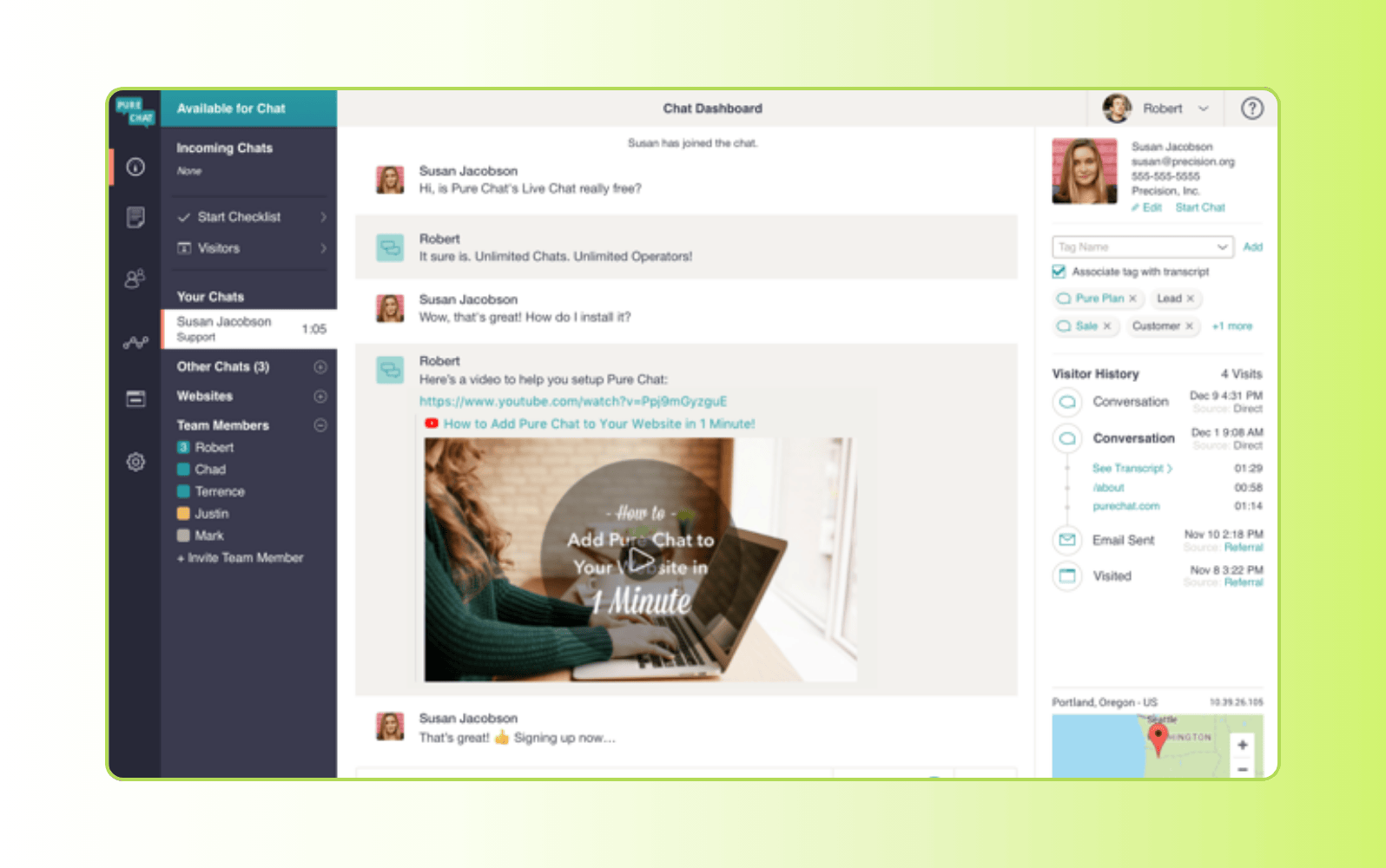 Pure Chat live chat software dashboard showcasing customer support features.