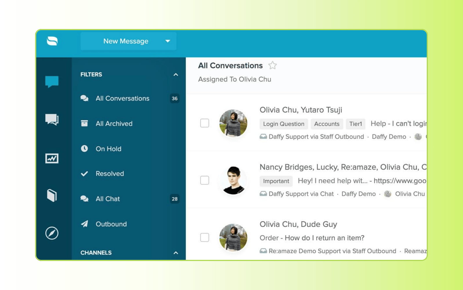 Re:amaze live chat software dashboard showcasing customer support features.