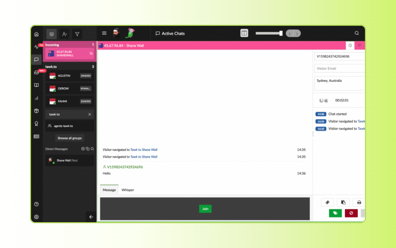 Tawk.to live chat software dashboard showcasing customer support features.