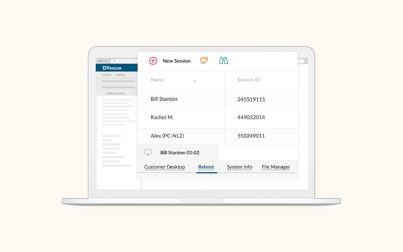 A screenshot showcases a new session window on LogMeIn Rescue, a remote support software.