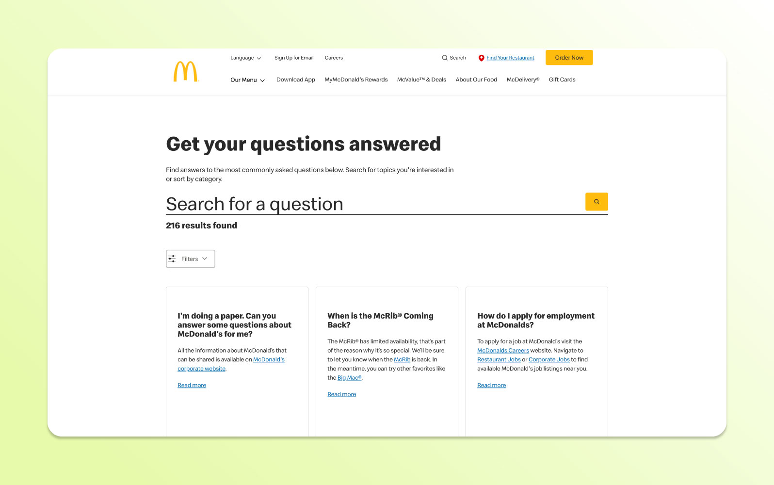 The McDonald’s page devoted to frequently asked questions.