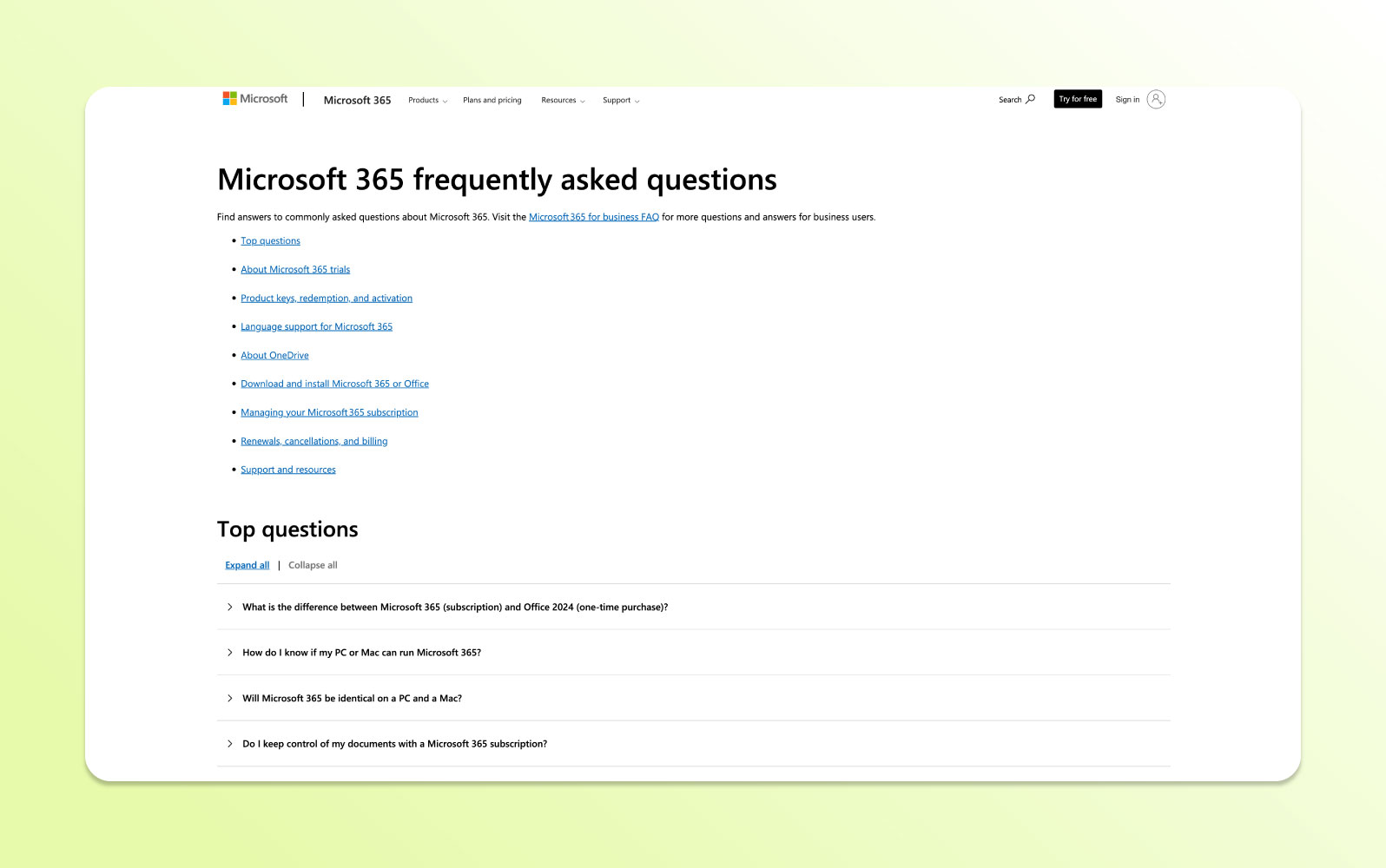 The Microsoft page devoted to frequently asked questions.