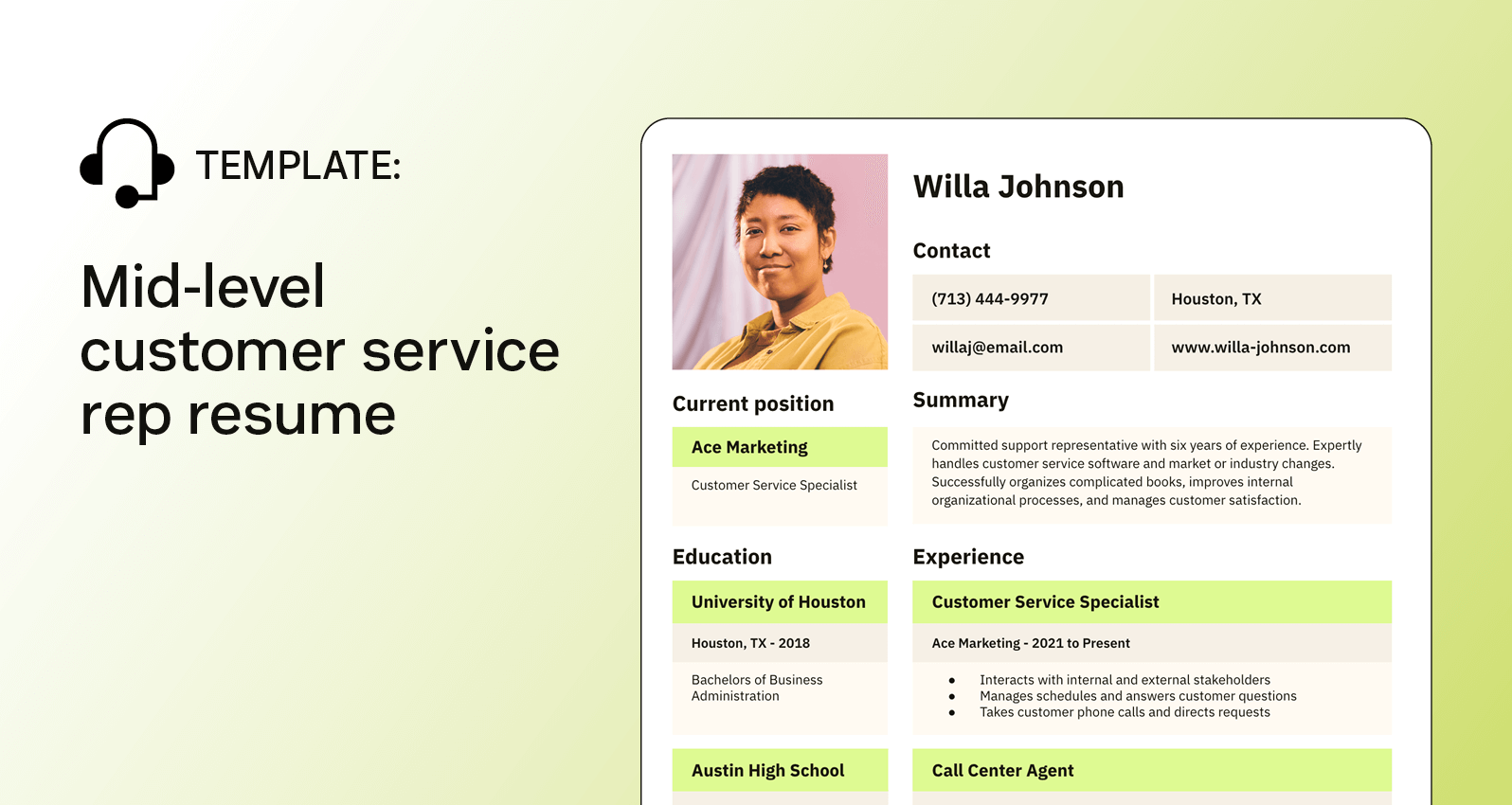 A customer service resume showcases mid-level customer service experience.