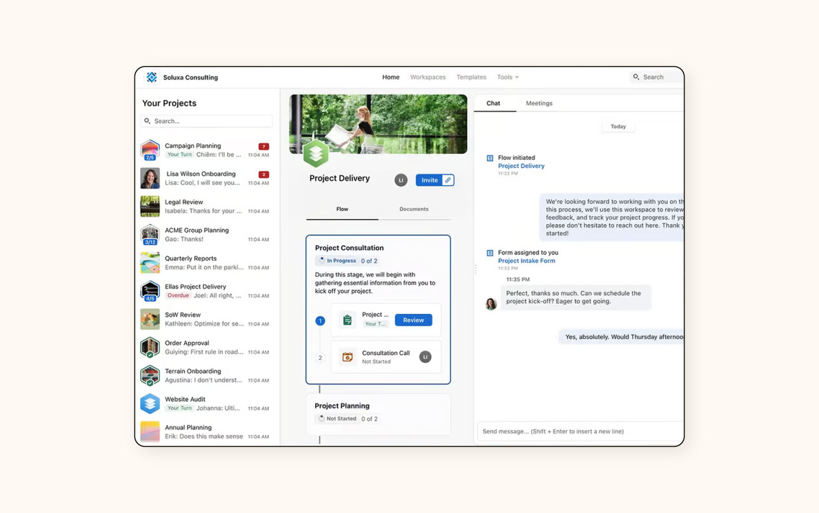 Una vista general de proyecto en Moxo, un software de portal de clientes.