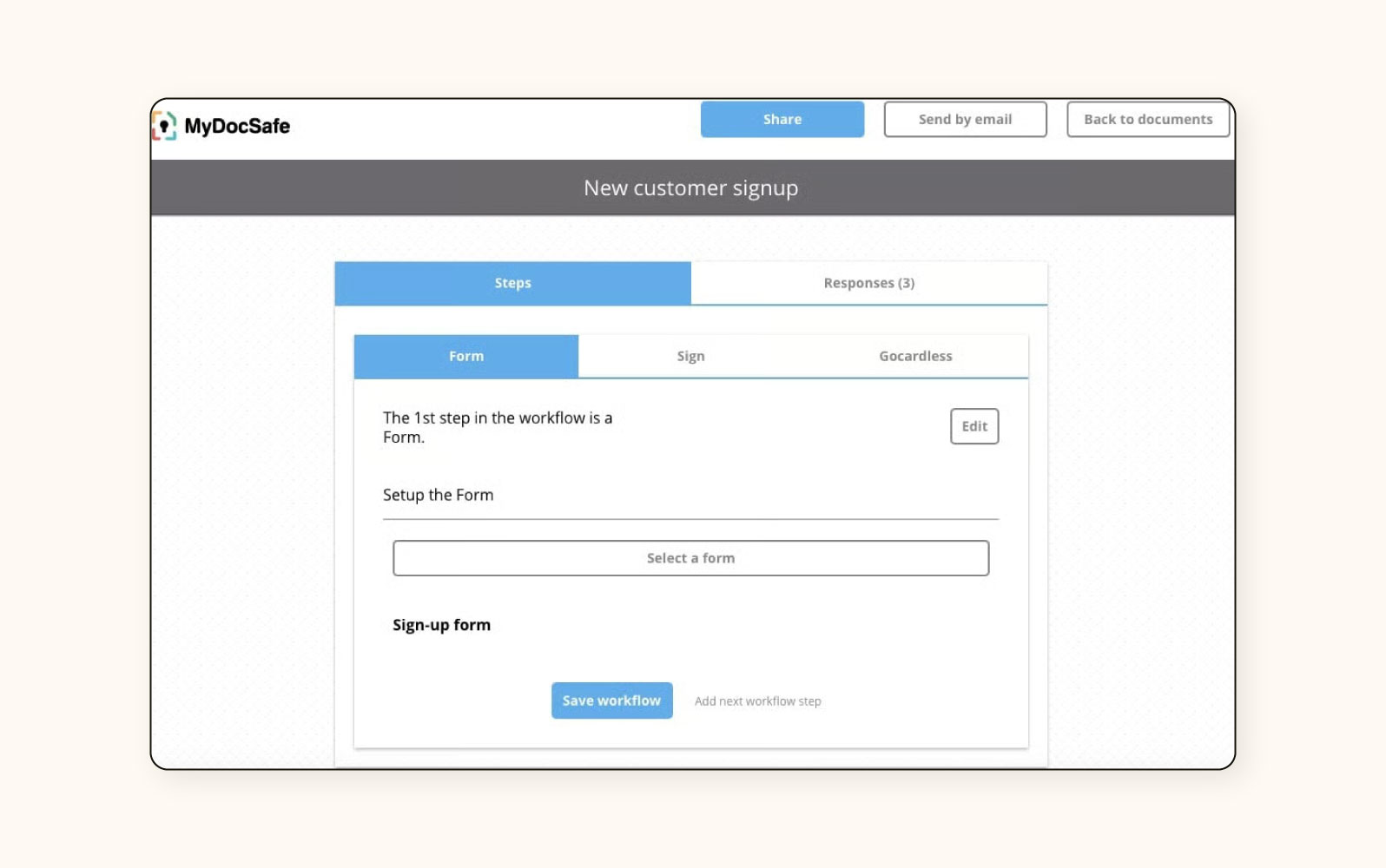 El registro de nuevo cliente en MyDocSafe, un software de portal de clientes.