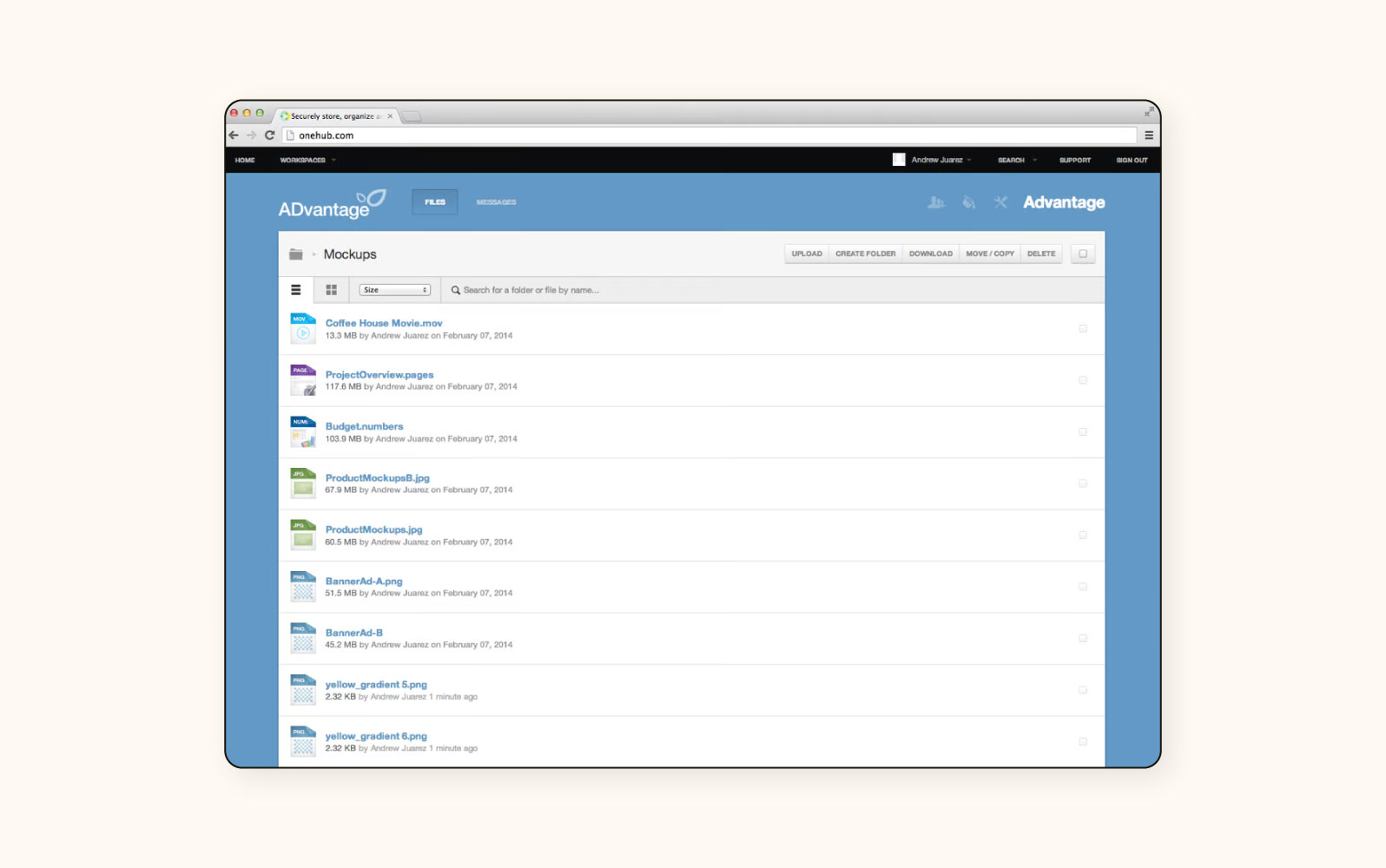 Un mockup del portal en Onehub, un software de portal de clientes.