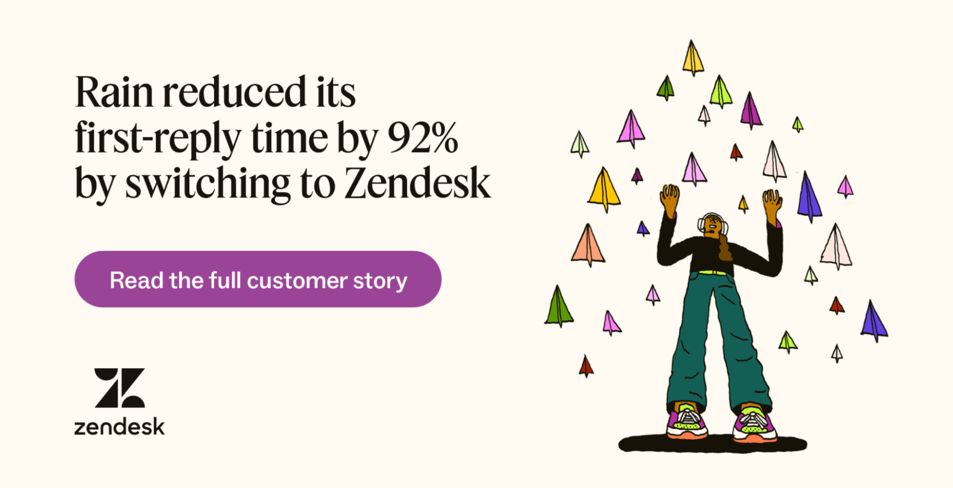 A visual showing how Rain reduced its first-reply time by 92% by switching to Zendesk.
