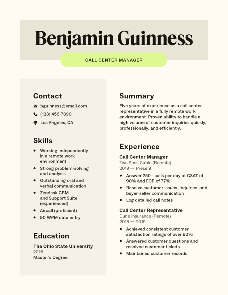 Remote call center representative resume template