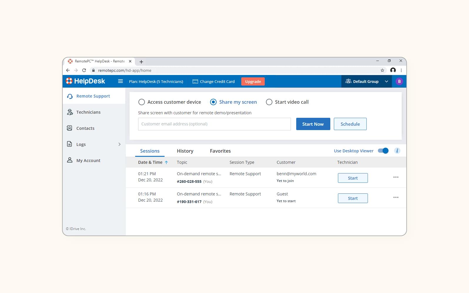 A screenshot showcases an agent's session history on RemotePC HelpDesk, a remote support software.