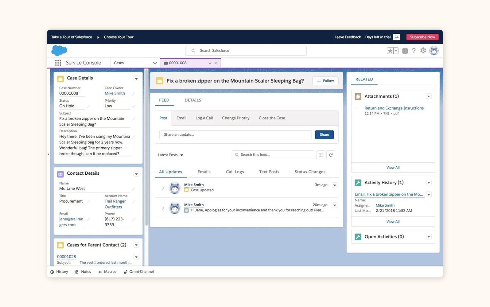 A product image of customer complaint software from Salesforce Service Cloud.