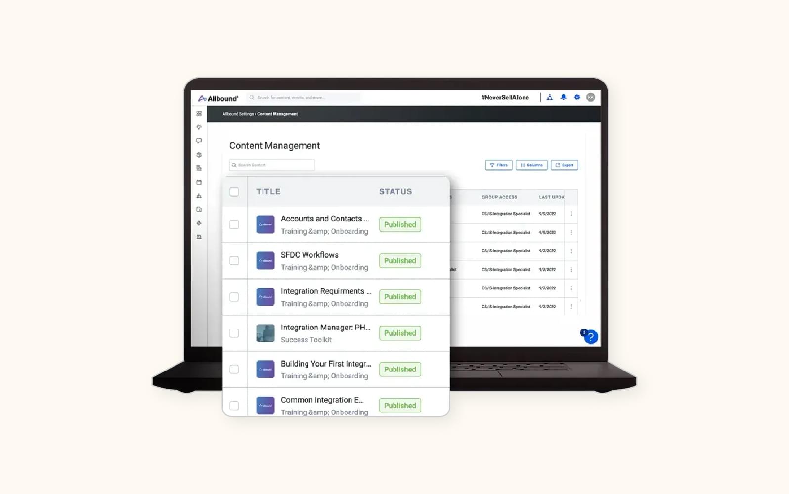 A screenshot displays the Allbound content management system.