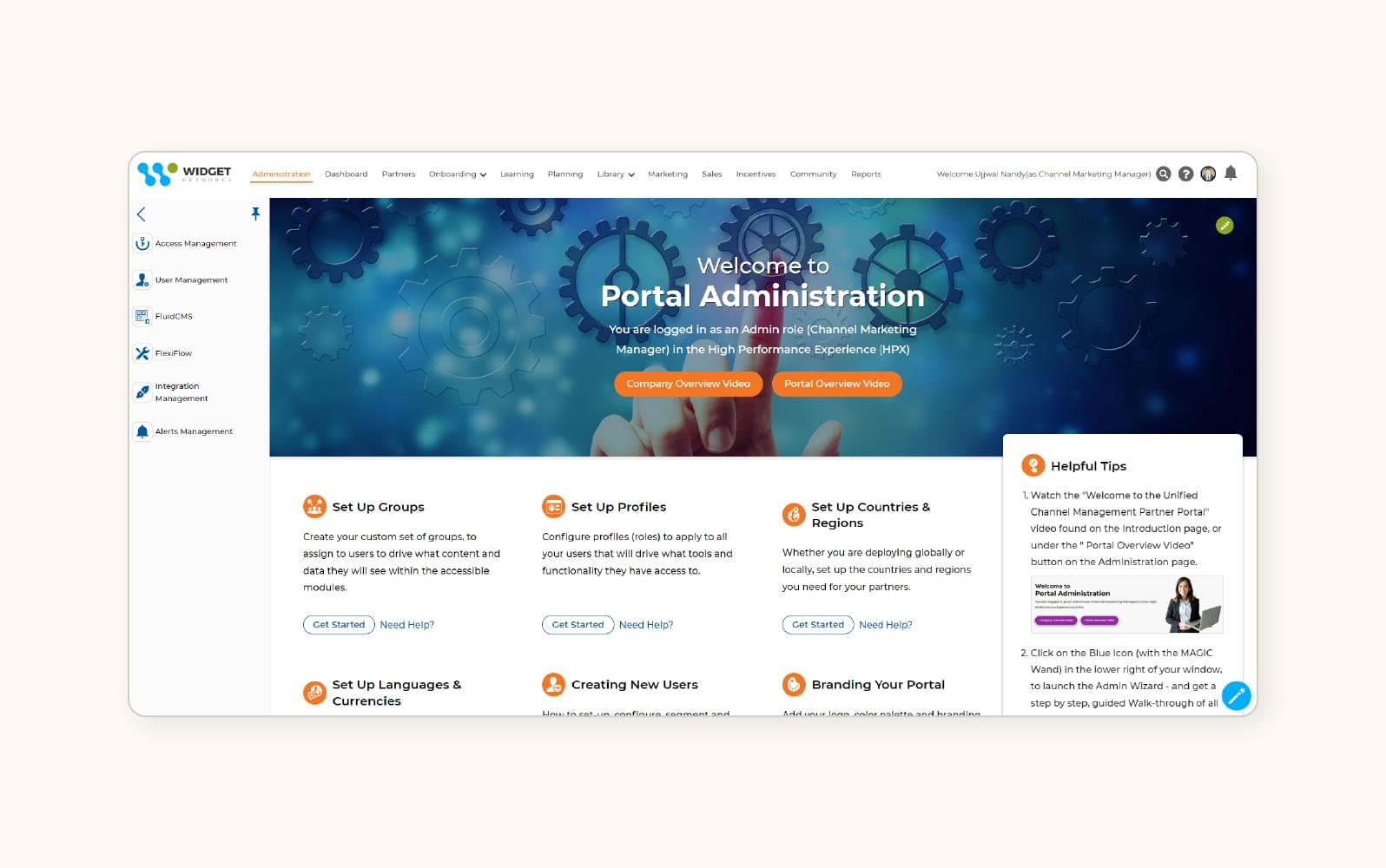 A screenshot displays the partner portal administration page.
