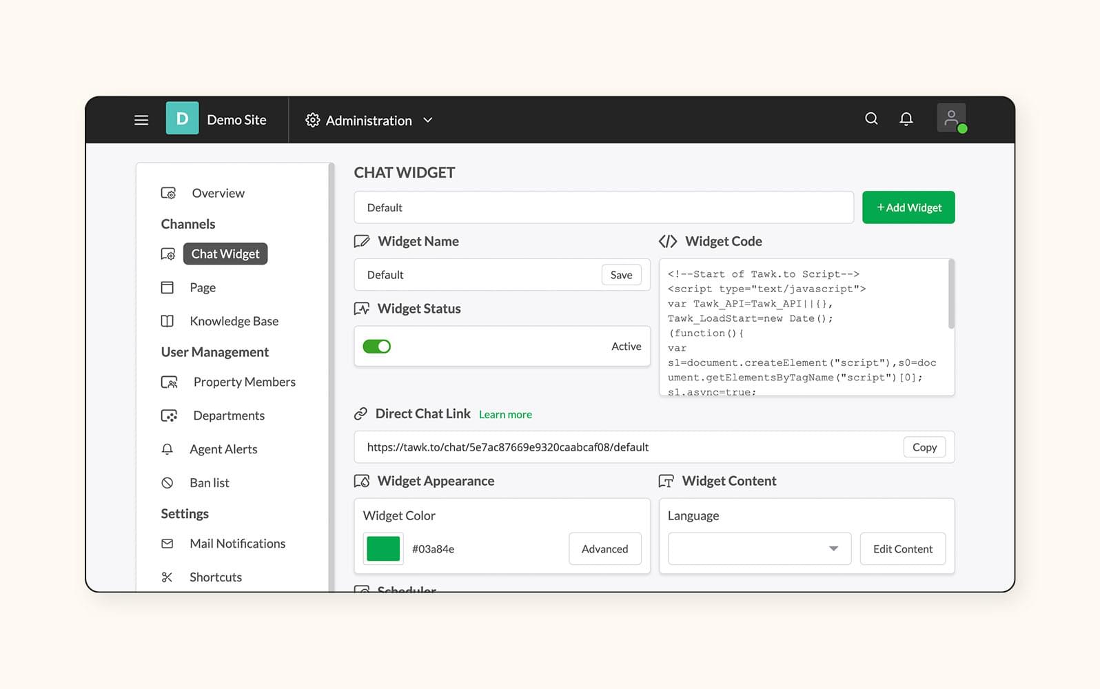Se personaliza un widget de chat utilizando tawk.to, un software de chat en vivo.