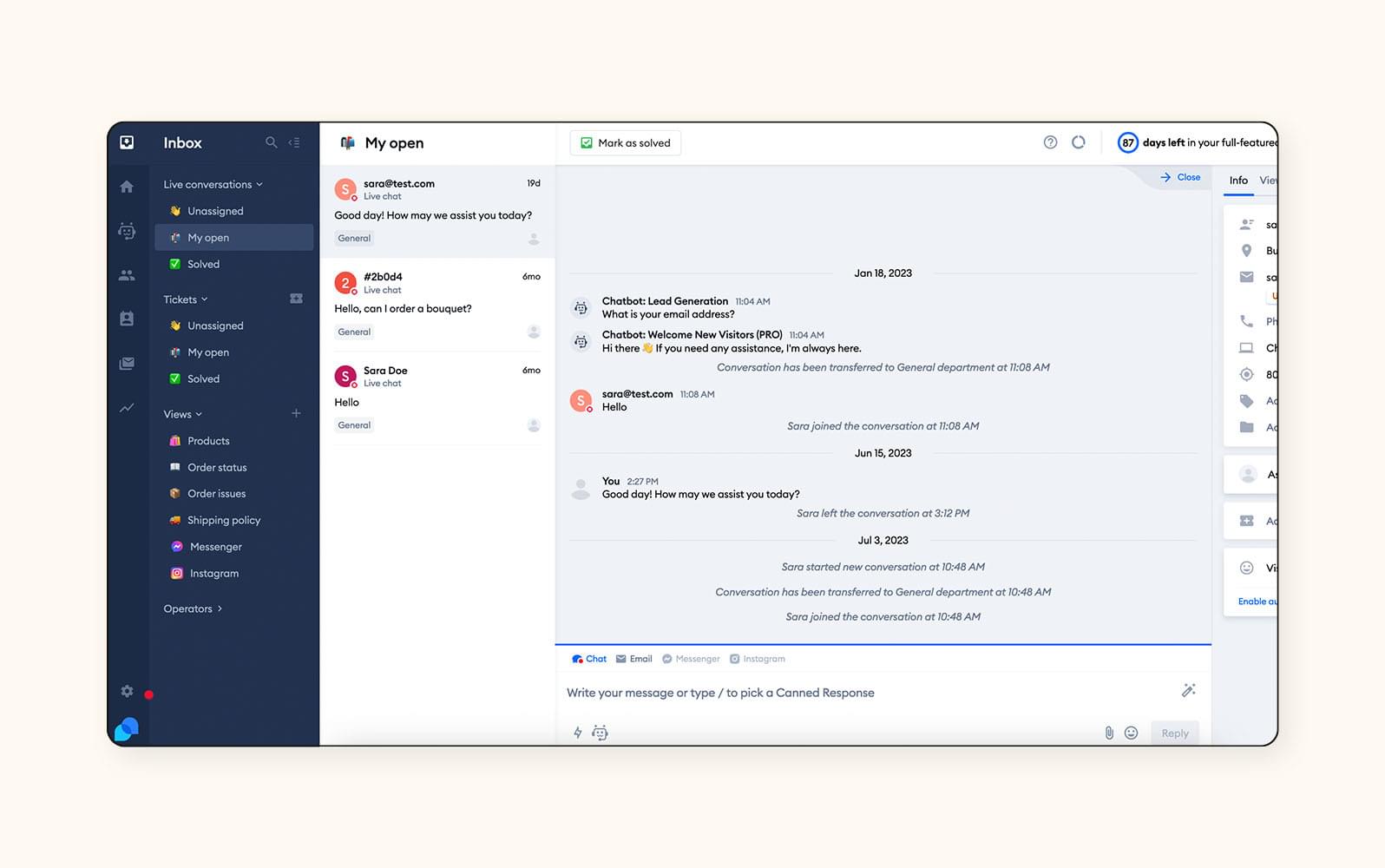 Una conversación de chat entre un agente y un cliente a través de Tidio, un software de chat en vivo.