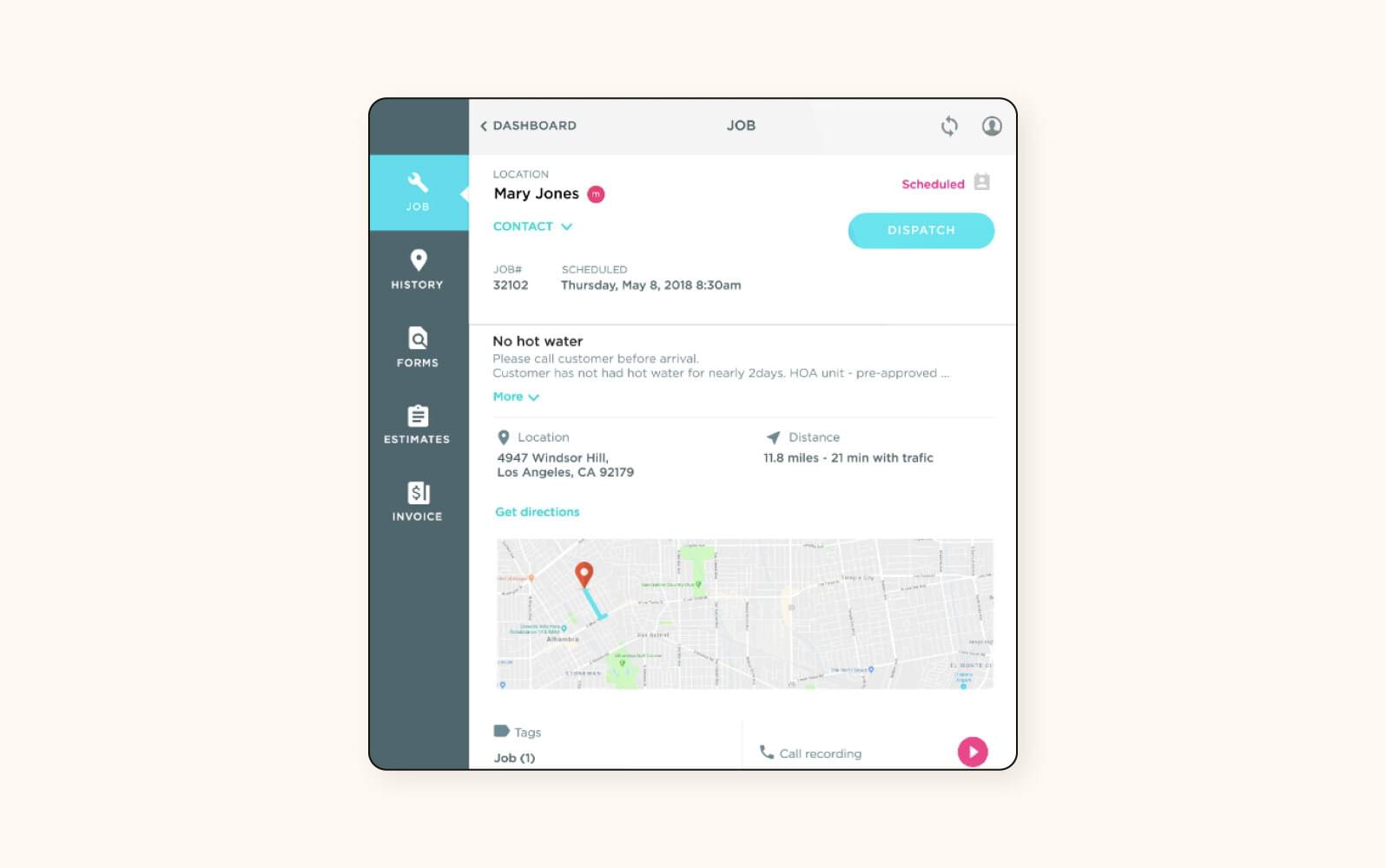 ServiceTitan software routes a technician to a mobile job site.