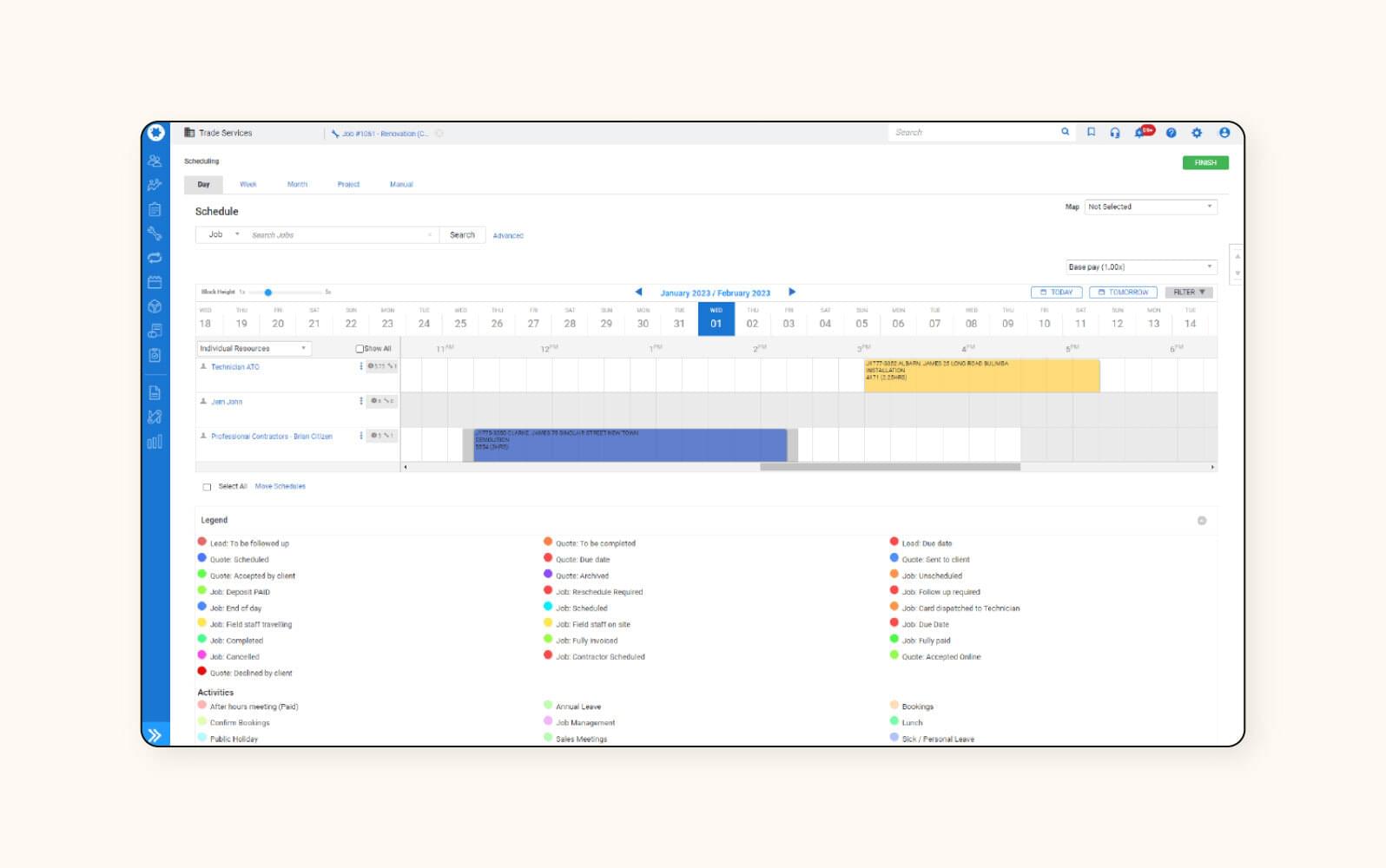 The Simpro dashboard displays scheduling for field agents.