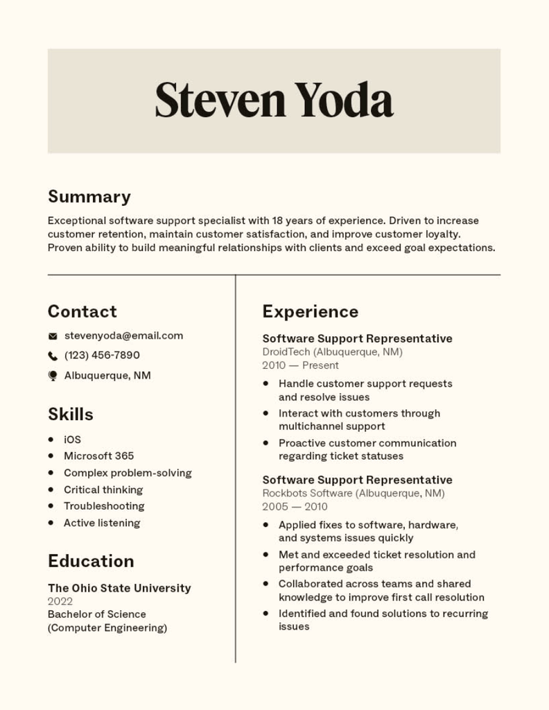 Software call center representative resume template