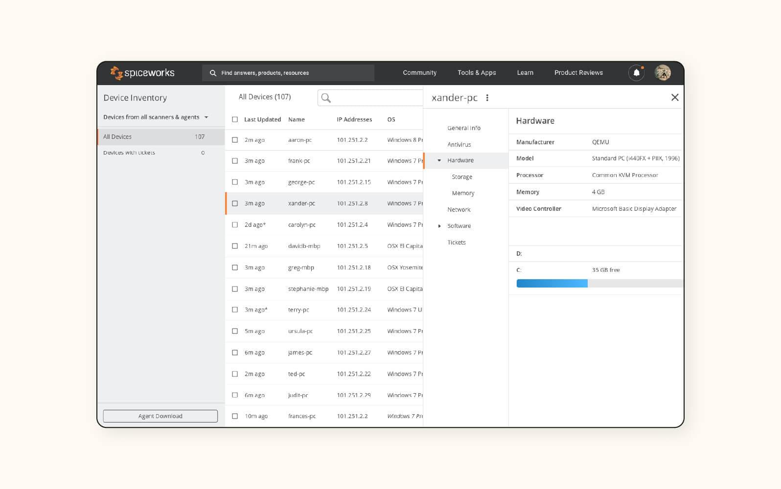 A product image of Spiceworks Cloud Help Desk ticketing system software.