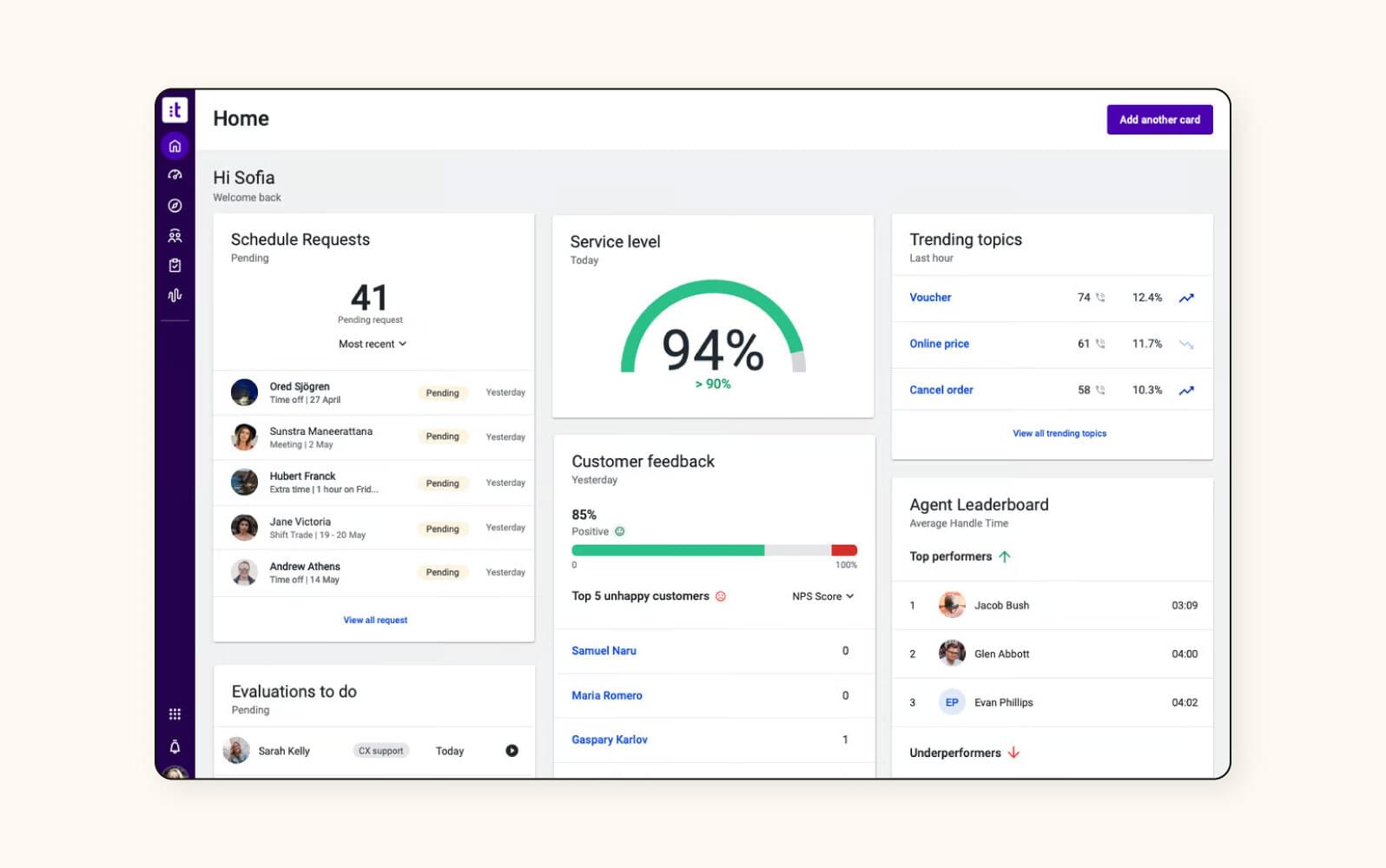 Uno spazio di lavoro del software per call center virtuale Talkdesk.