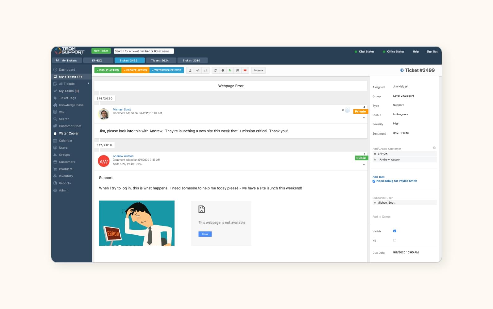 Une capture d’écran montre le logiciel de gestion des tickets automatisée TeamSupport.